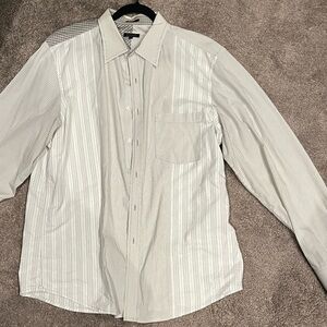 DKNY Men's White and Light Gray Striped Dress Shirt, XL